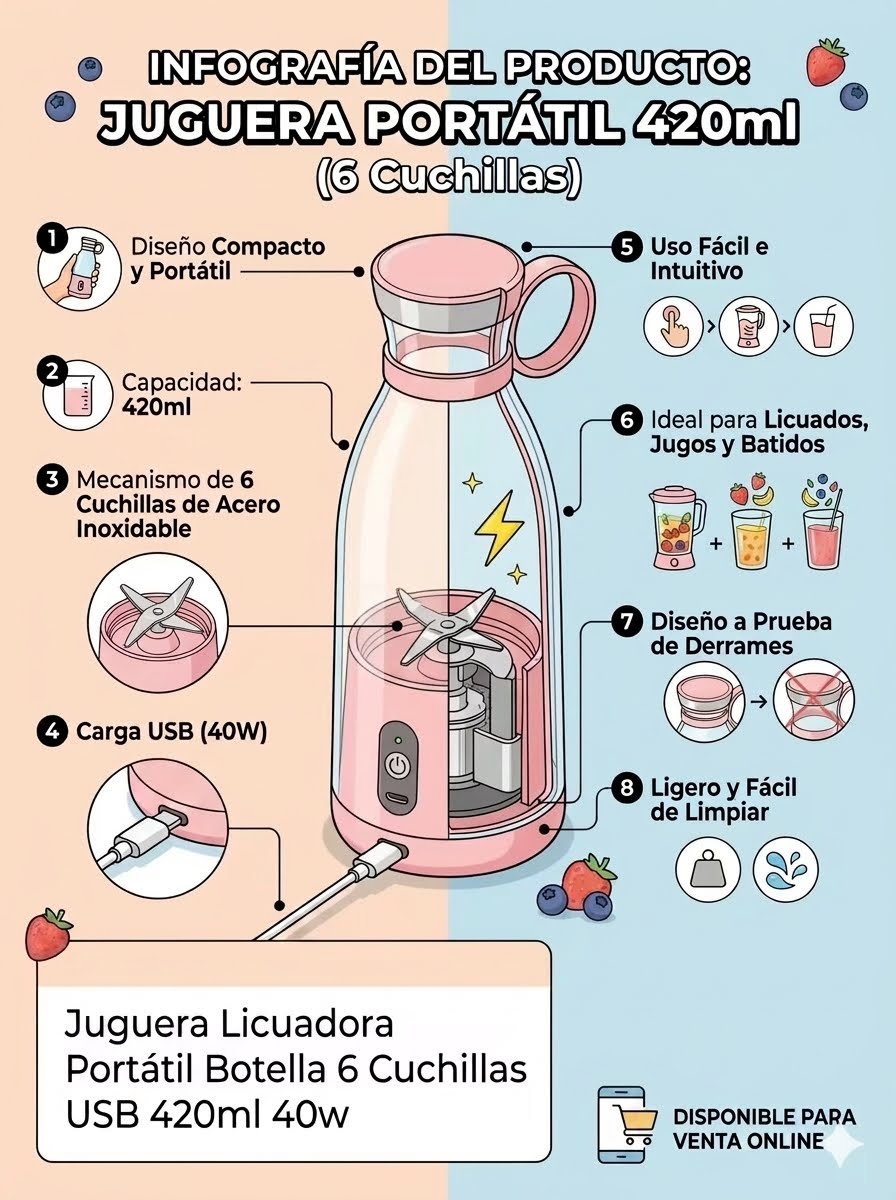Juguera Portátil Botella 420ml 6 cuchillas